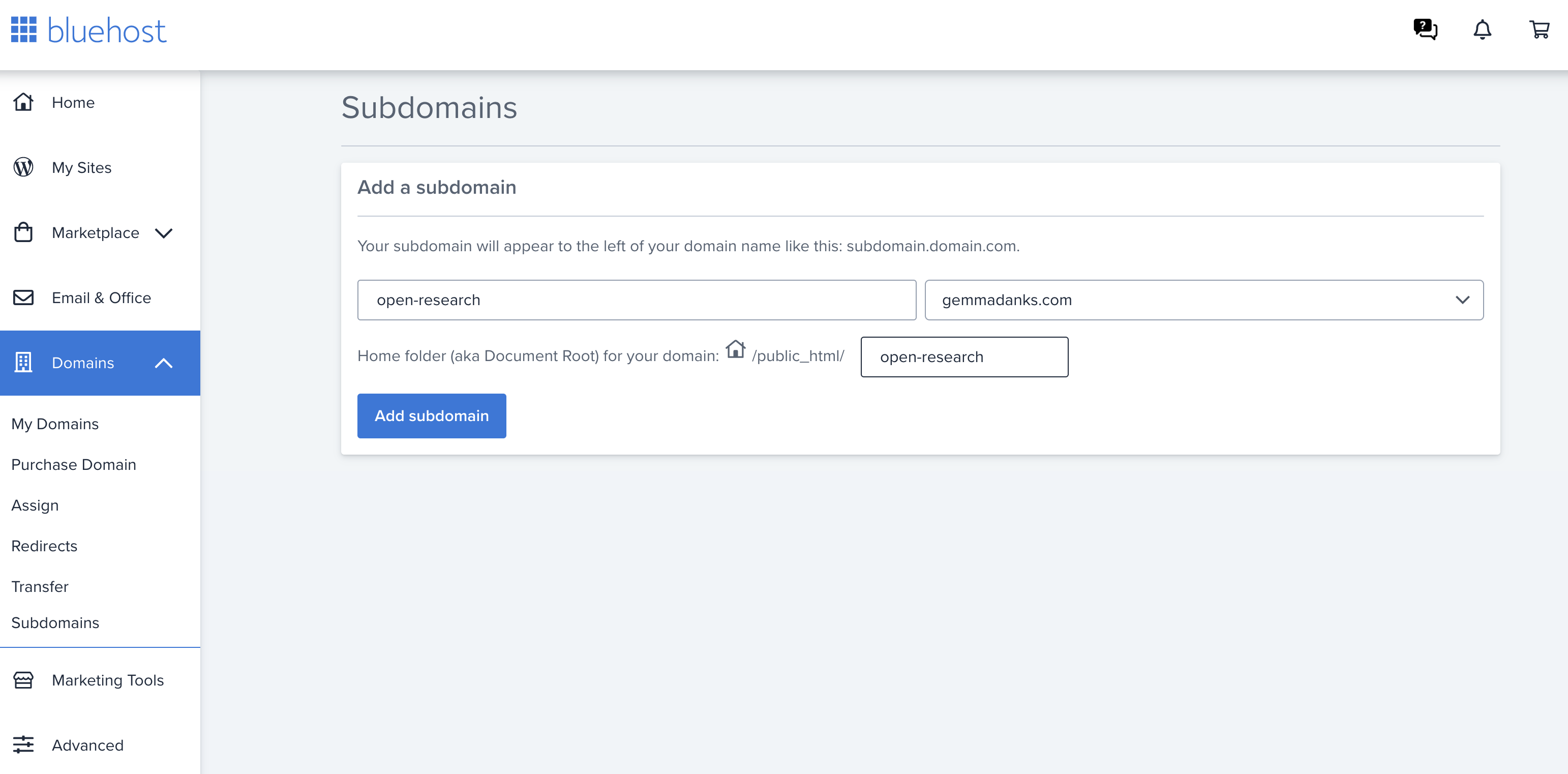 Creating a subdomain on Bluehost